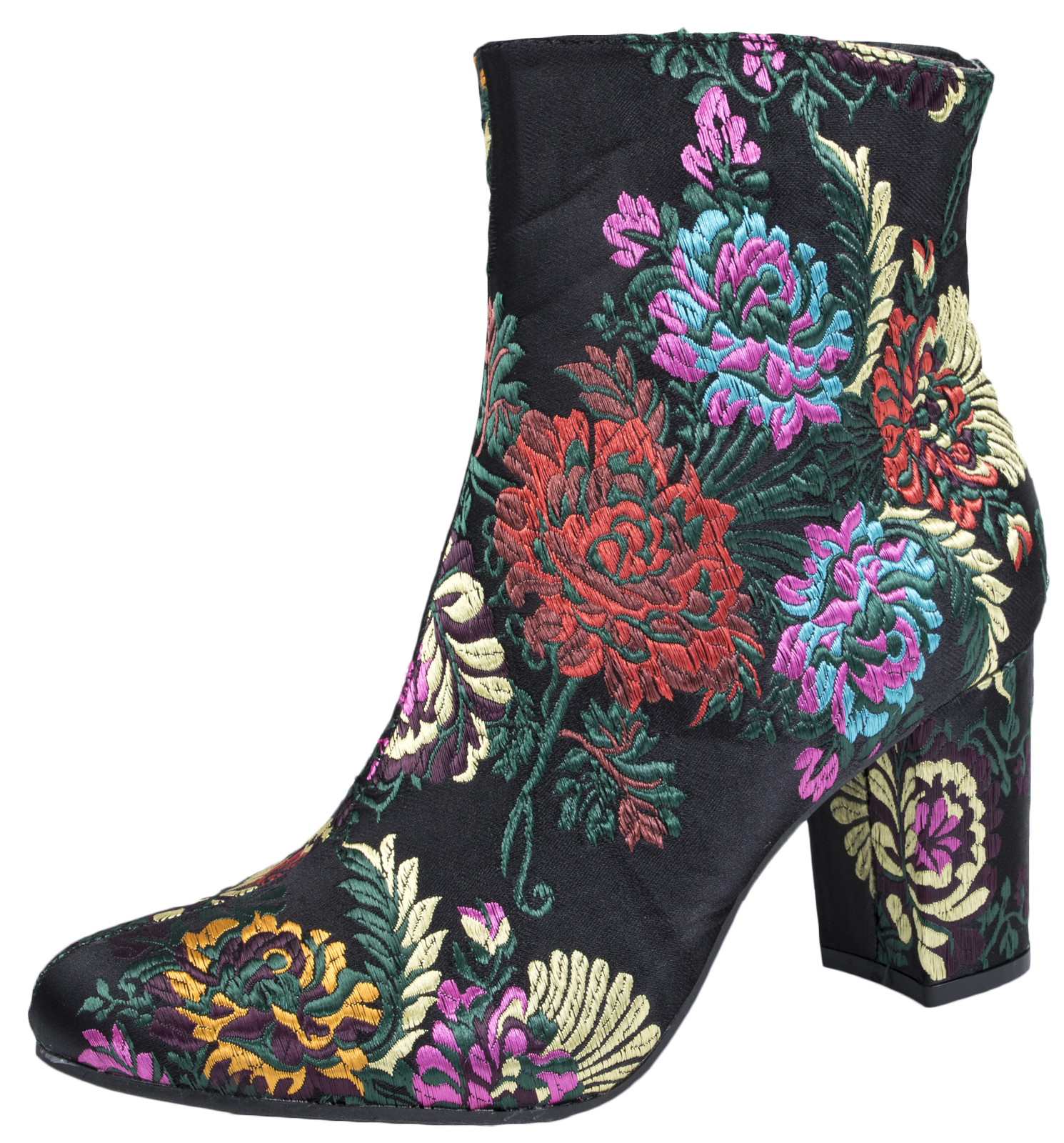 Womens Block Heel Ankle Boots Floral Oriental Shoes Satin Embroidered